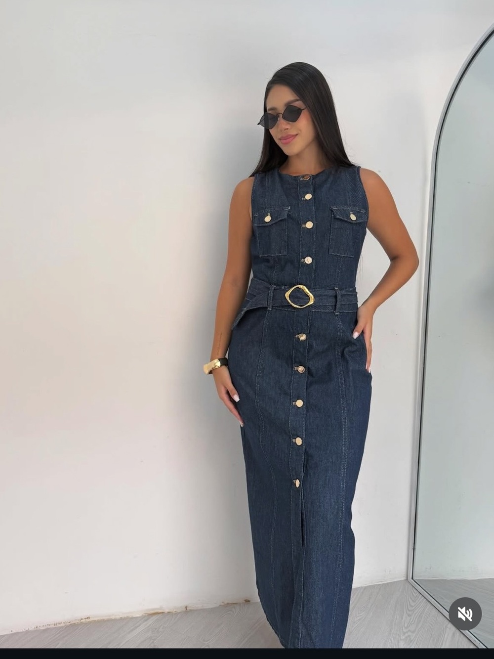 Zara Dark Indigo Denim Midi Dress with Gold Ring Belt - Picture 5 of 6